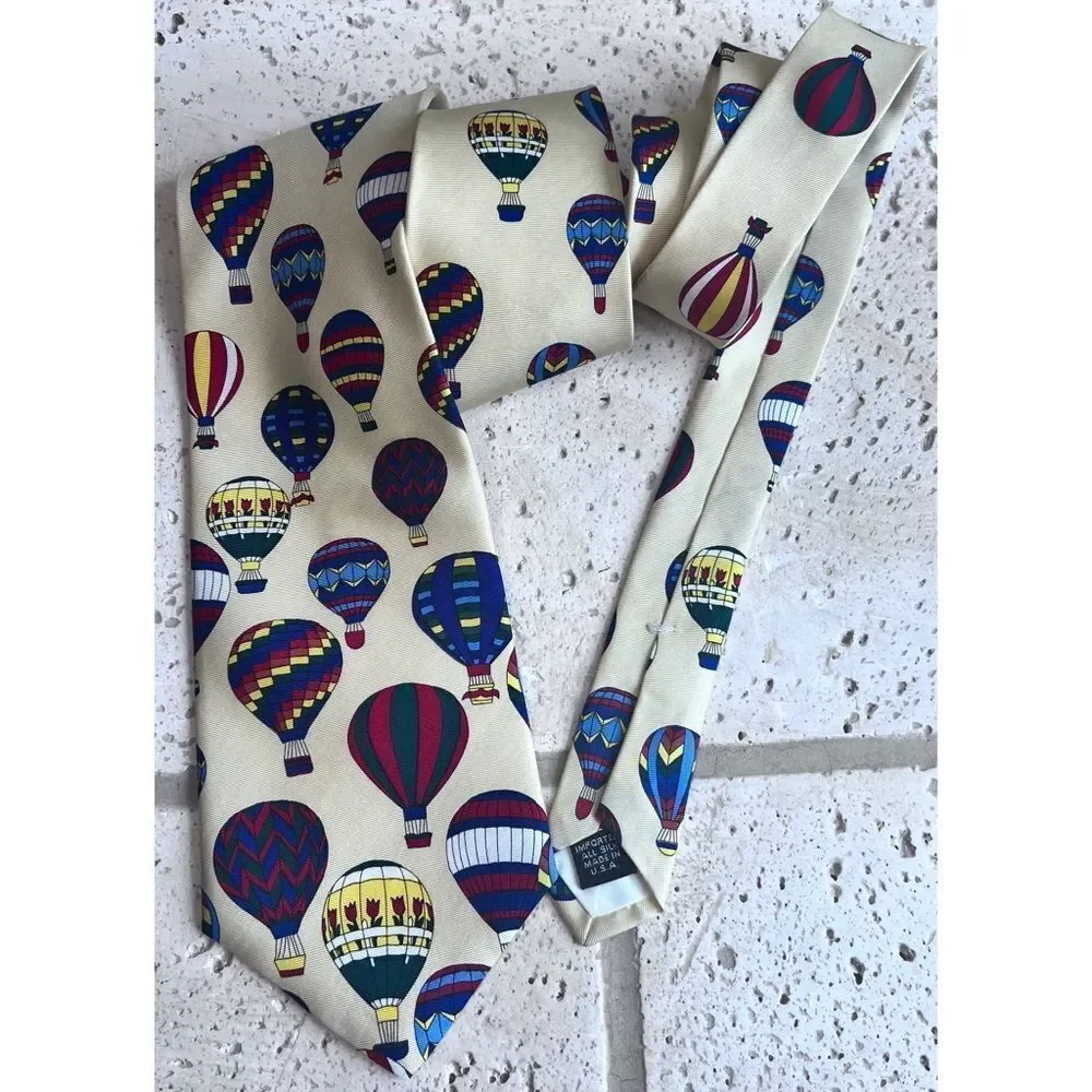 Cherry Blossom Festival Hot Air Balloon Silk Neck Tie Yellow Blue Red